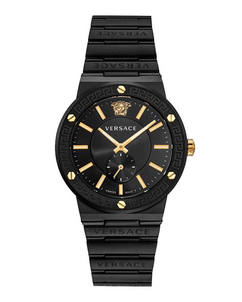 versace greca logo watch black|Versace greca leather watch.